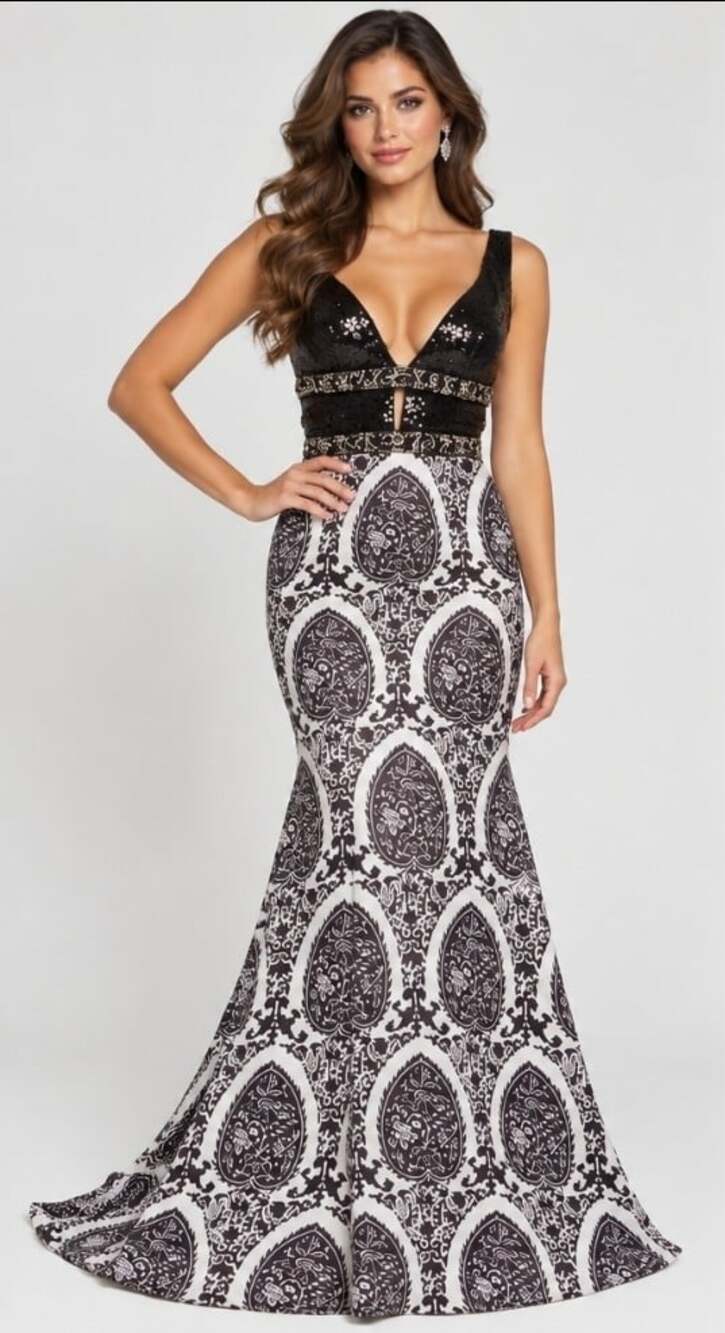 Colors Dress Style 1861 Sz 0 Black White Paisley Sequin Mermaid Formal Gown T40